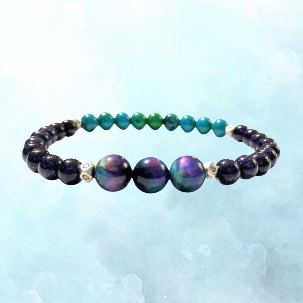 Hand-Crafted Blue Goldstone, Tigers Eye, & Chrysocolla Stackable Bracelet